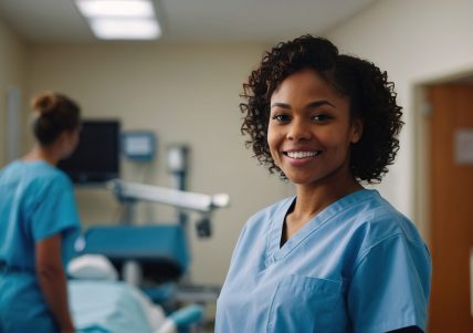 Portrait of a black woman dental student in hospital wearing scrub